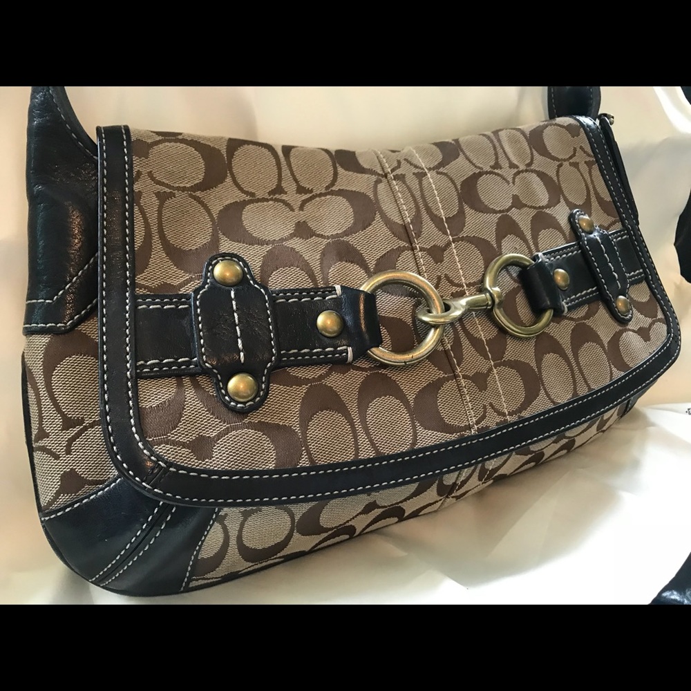 Coach Signature Shoulder Bag Black Leather Trim